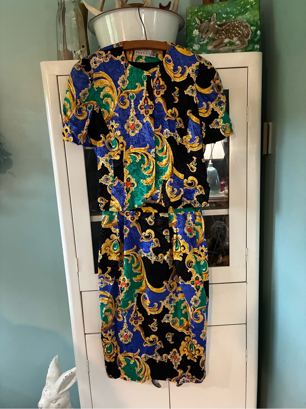 Adrianna Papell sz 6 Silk Print Short Sleeve Skirt Set euc